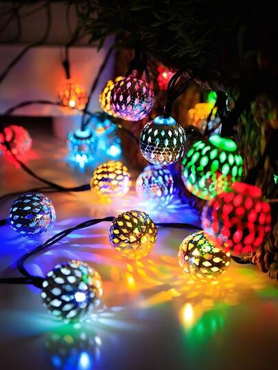 Solar Morrocan Ball String Lights Outdoor, 16.4ft 20 LED Metal Globe Fairy Lights For Christmas, Space-Themed Waterproof Decorative Lighting With 600mAh Nickel Battery, Push Button Control