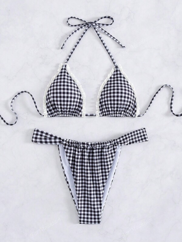 Women's Plaid Lace Halter Sexy Triangle Bikini, Summer Beach Swimwear