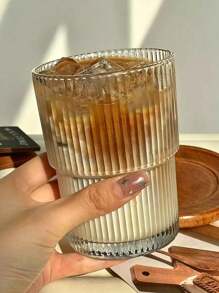 1pc,Coffee Cup, Ins Style Vertical Striped Glass Straw Cup, Highly Attractive Milk Cup, Household Beverage Water Cup, Beer Cup, Whiskey Glass