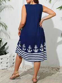 Plus Size Women's Anchor Print V-Neck Metal Loop Slip Dress - Sleeveless Summer Vacation Romper, Navy With White Striped Casual Summer Outfit