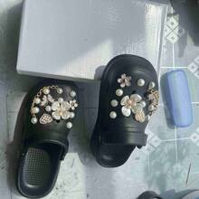 New Thick Sole Slip-On Sandals For Women, Comfortable Closed Toe Slide Sandals With Back Strap, Black, Comes With One Set Of Shoe Decorations - Pure Black - View 8