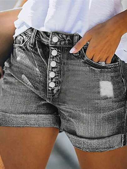 Pantaloni scurți din denim cu mai mulți nasturi, spălați ocazional