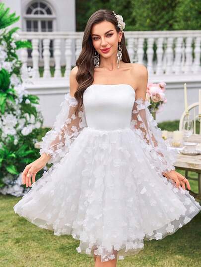 UNITHORSE 无肩带、落肩、收腰、3D 花卉装饰短款婚纱，优雅迷人，新娘