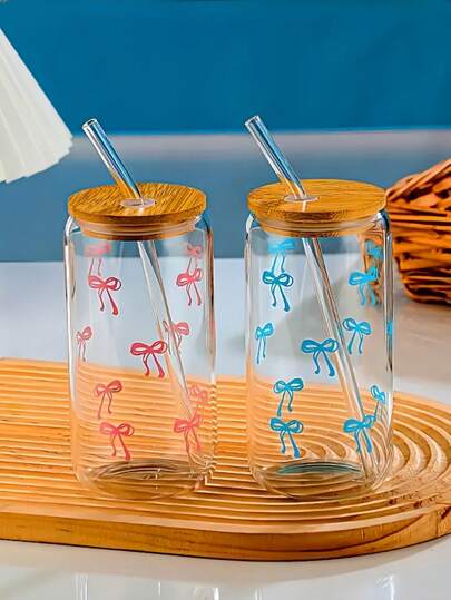Bộ 1 cốc thủy tinh có nắp tre và ống hút - 500ml/16.9oz, cốc tái sử dụng, cốc cà phê/trà sữa trân châu, họa tiết nơ dễ thương, bộ đồ uống lạnh - Có thể rửa bằng máy rửa chén.