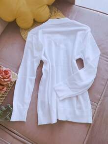 V Neck Plus Size Basic Long Sleeve Winter Knit Top Women Fashion - 白色 - 查看 2
