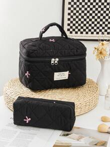 1 Piece Women's Bow Embroidered And Quilted Makeup Bag Sets Travel Cosmetic Bag With Handle Tampon Storage Bag Sanitary Pad Pouch Large Capacity Cosmetic Bag, Lightweight Fluffy Filling Toiletries Bag Mini Travel Makeup Case Pouch For Travel Storage,Daily Use. For School Cosmetic Bag Back To School Supplies Cosmetic Storage School Stuff Bag Organizer Room Stuff