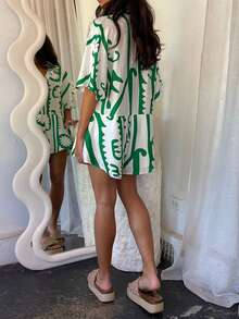 Women's Summer Short Boho Jumpsuit Half Sleeve Lapel Button Up Pattern Print Playsuit - màu xanh lá - Xem 2