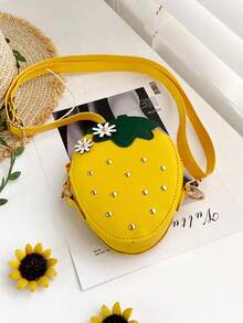 Spring & Summer New Cute Red Strawberry Crossbody Bag, PU Material Zipper Closure Crossbody Bag Coin Purse, Fashion Fruit Shaped Daisy Flower Decor