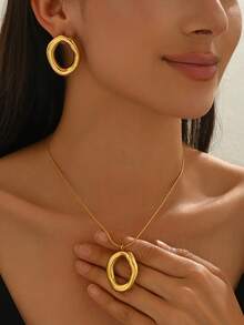 3件套优雅春夏几何镂空圆环项链耳环套装，时尚光滑闪亮防水不褪色低过敏性女士首饰，适合母亲节、情人节、生日礼物 - 服饰配饰和节日礼物 - 金黃色 - 查看 2