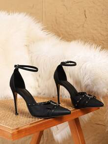 性感时尚搭扣尖头镂空细高跟休闲百搭踝带高跟鞋，优雅 - 黑色 - 查看 7