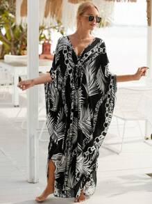 Vestido Cover Up Largo Con Estampado tropicales y cadenas Para Mujer,Kimono De Playa Holgado Con Mangas De Murciélago
