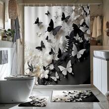 1/2/3/4 Stücke 3D Schwarz & Weiß Schmetterling Blumen Thema Badezimmer Duschvorhang Sets, 12 Haken, Badematte, U-förmiger Toilettendeckel, wasserdichter Duschvorhang, Badezimmerdekoration, moderner Fenstervorhang, ohne Bohren, Polyester, maschinenwaschbar, Herbstdekoration Badezimmer Accessoires Rückkehr zur Schule