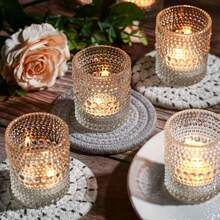 [12pcs/Set] Wish Glass Candle Holders, 2"X1.5"X2.5" Transparent Dotted Textured Lead-Free Thick Glass Small Night Light Candle Cups, Holiday Decorations (Valentine's Day/Christmas/Birthday/Wedding/Home Decor) Ins Style Ritual Sense Candle Holders, Party Table Decor
