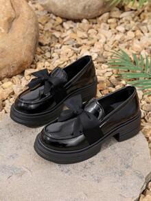 Women's Fashion Versatile Casual Shoes, Bow Decor, Thick Sole Loafers, College Student Shoes, Office Lady Shoes, All Season Flats, Solid Shoes - Black - View 7