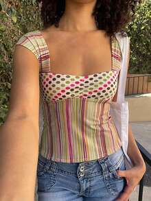 Women's Y2K Slim Fit Tank Tops Cute Plaid Sleeveless Crop Tops Striped Cami Tops Cute Square Neck Vest Summer Shirts Aesthetic Tops For Streetwear Going Out Tops - 彩色 - 查看 5