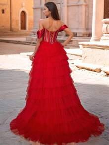 Vestidos de noche de gala con lentejuelas y cristales, vestidos de bola con aberturas y esponjosos, vestidos de fiesta y graduación para mujeres, vestido de fiesta, vestido de invitada de boda, vestido de noche - Rojo - Ver 3