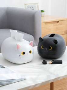 1pc Plastic Tissue Storage Box, Cartoon Cat Design Tissue Storage Bag For Household - Black - View 11