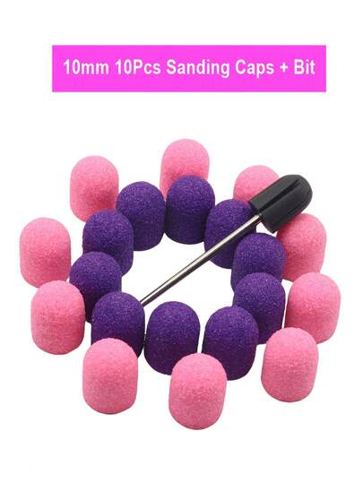 Easy Nail 10 Pcs Nail Sanding Caps With Bit 10mm Size Nail Drill Bits For Foot File Callus Remover, Manicure Pedicure Nail Polisher #80 #120 #180 Pink Purple