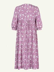 Eilly Bazar Plus Size Mid-Length Sleeve All-Over Print Pleated Casual Dress, Suitable For Vacations - Mauve Purple - View 7