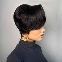 13x4x1 T-Part Lace Front Short Wig, Human Hair Texture, Pixie Cut, Suitable For Daily Wear, Available In Black, Chocolate Brown, 99J Wine Red, Side Bangs Lace Front Short Wig - Multicolor - View 4