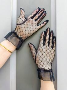 1 Pair Women Elegant Solid Color Lace Patchwork Short Fingerless Gloves, Polyester Fiber, Suitable For Spring/Summer, Weddings, Daily Wear