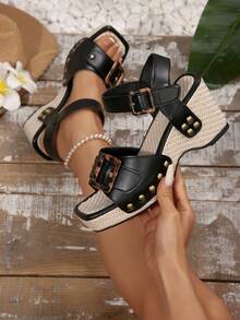Plus Size Studded Square Toe Platform Wedge Sandals For Women - Black - View 1