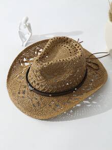 1pc Unisex Cattle Head Decor Cowboy Hat Hollow Out Printed Cowgirl Hat Wide Brim Handmade Casual Sun Hat Spring Summer Travel Shade Beach Hat Straw Hat - 卡其色 - 查看 3