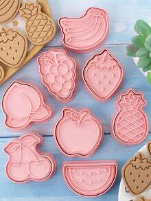8 件饼干切模，压式 3D 立体饼干模具，翻糖蛋糕烘焙工具，面包饼干形状模具，1 盒 8 件饼干小模具 - 粉色 - 查看 10