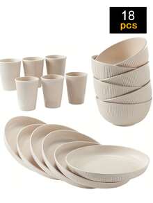 18pcs Reusable Plastic Tableware Set - Durable Plates, Bowls And Cups, Microwave And Dishwasher Friendly, Ideal For Camping, RVs, Picnics, Kitchen And Dorms - Multicolor - View 6