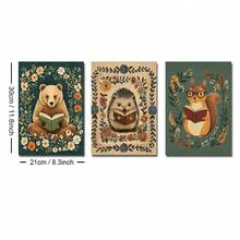 3 套无框书香林地动物幼儿园艺术海报帆布印刷读书俱乐部松鼠刺猬熊舒适小屋风格图书馆装饰画墙壁画适用于宿舍、公寓、客厅、卧室、儿童房、现代家居装饰 - 彩色 - 查看 8