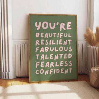 1 pieza Póster de arte de pared con afirmación "Eres hermosa" sin marco, impresión en lienzo verde y rosa, estilo minimalista, inspirador y motivador, decoración estética moderna para dormitorio, apartamento, hogar