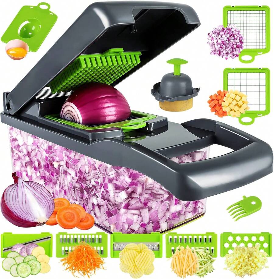 16-In-1 Vegetable Chopper, Professional Onion Chopper, Multifunctional Food Chopper, Kitchen Vegetable Slicer And Dicer, Vegetable Chopper With 8 Blades, Carrot Chopper With Container,The Perfect Halloween Gift.