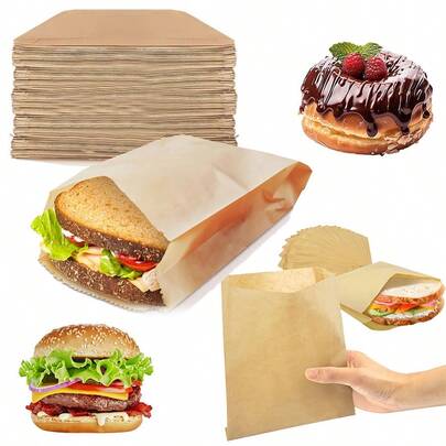 50/100 chiếc Túi giấy Kraft đựng bánh sandwich, Túi đựng thực phẩm dùng một lần chống thấm mỡ cho bánh mì kẹp thịt, món tráng miệng, gà rán | Bao bì đồ ăn nhẹ chống rò rỉ cho tiệc tùng, dịch vụ ăn uống, xe tải thực phẩm | Đám cưới sinh nhật