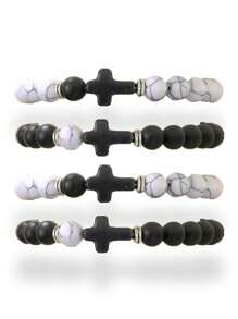 2pcs/4pcs/6pcs Classic Men's Beaded Cross Pendant Bracelet Set, Casual Daily Wear, Gift For Boyfriend, Husband, Father, Son
