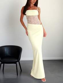 女士撞色蕾丝性感沙滩度假婚礼派对连衣裙 - 黃色 - 查看 2