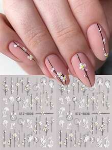 简约花朵 3D 指甲贴纸 小白镂空芙蓉花凝胶抛光贴花滑块 DIY 美甲装饰配件 - 彩色 - 查看 2