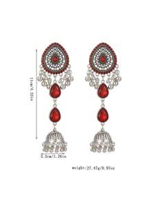 2pcs Bohemian Retro Rhinestone Tassel Earrings, Fashionable Metal Bell Pendant Earrings For Women