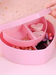 1pc Pink Heart Shaped Jewelry Storage Box, Trinket Desktop Organizer Box, Star & Heart Dual Layer Storage Box Organizer Storage Box Travel Gifts - Multicolor - View 2