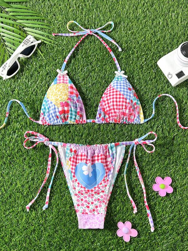 2pcs/Set Women Floral Plaid Print Bikini With Bowknot Decor, Suitable For Summer Beach And Vacation