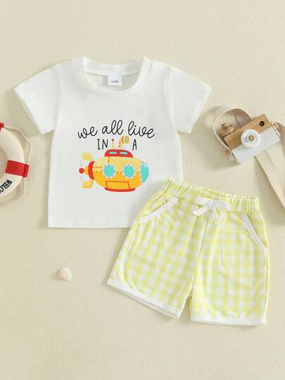 Toddler Baby Summer Outfit Letter Submarine Print Short Sleeve T-Shirt With Plaid Shorts 2 Pcs Set