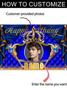 1pc Customizable Name Photo Polyester Crown Birthday Party Backdrop - Personalized Majestic Blue And Gold Design With Beautiful Gold Lettering, Indoor/Outdoor Garden Decorations, Reusable Cake Table Banner Suitable For All Birthdays, Birthday Party Decorations | Gold Engraved Decorations | Elegant Party Accessories, Birthday Party Decorations In 3 Sizes