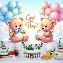1 Piece, Background Gender Revealing Wall Decoration Banner, Party Banner With Pink And Blue Teddy Bears, Balloons, And Sparkling Cloud Design, Used For Photo Booth Background And Indoor/Outdoor Event Party Supplies Decoration
