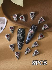 8 Stücke mehrfarbige Gothic Stil 3D Teufelsherz Strass Nail Art Dekorationen, mit Kupfer Zirkonia besetzt, Y2K Metallic Charm, DIY Salon Kunstbedarf, Nagelschmuck, Nagel-Accessoires, Fake Nagel Deko