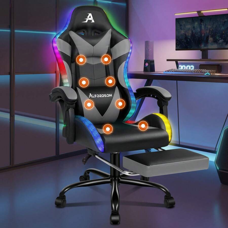 ALFORDSON Gaming Massage Chair, Massage Racing Chair With LED, Ergonomic Desk Chair With 150° Tilt, Retractable Footrest, PU Leather, Height Adjustable, 180 Kg Load Capacity - Grey - View 1