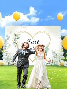 1pc Just Married Wedding Photography Backdrops Heart Shaped Watercolor Flowers Green Leaves Photo Background 59.1*39.4/82.7*59.1/106.3*70.9 Inches Indoor Outdoor Groom Bride Party Banner Romantic Bridal Couple Decoration Supplies