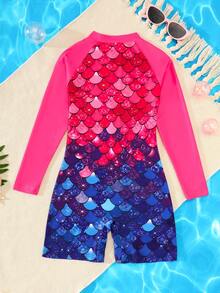 女孩美人鱼鳞片印花连体泳衣，长袖，前拉链 - 高弹力快干面料 - 适合泳池和海滩度假 - 紅色 - 查看 2