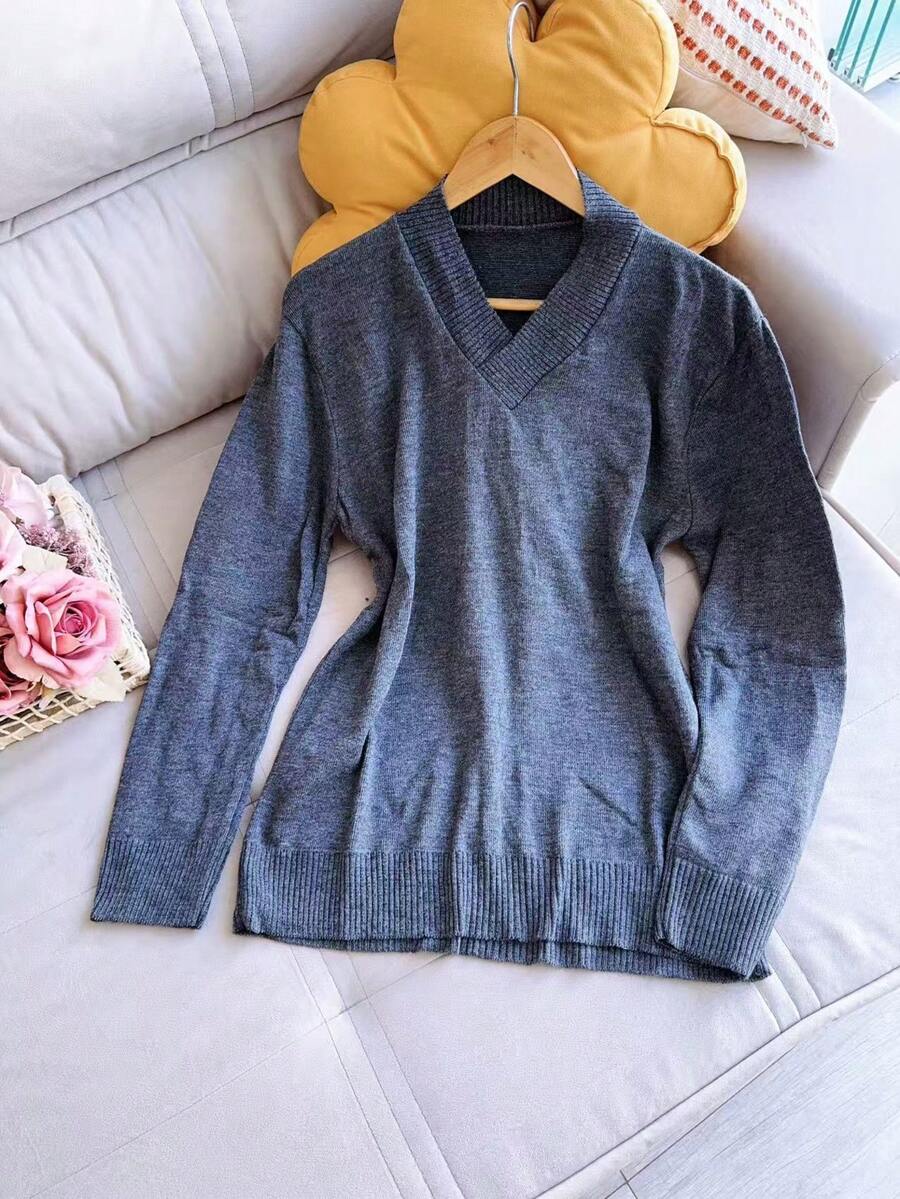 V Neck Plus Size Basic Long Sleeve Winter Knit Top Women Fashion - 深灰色 - 查看 1
