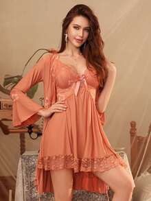 2 piezas Camisón de mujer sin mangas con parches de encaje, suelto y elástico, transparente, con sujetador acolchado y bata con manga larga y cinturón, adecuado para uso casual y en el hogar, ropa de otoño e invierno - Albaricoque - Ver 4