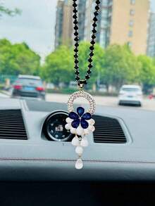 Synthetic Diamond Decorated Dark Blue Floral Round Ring Car Pendant, Auto Rearview Mirror Decor - Multicolor - View 2