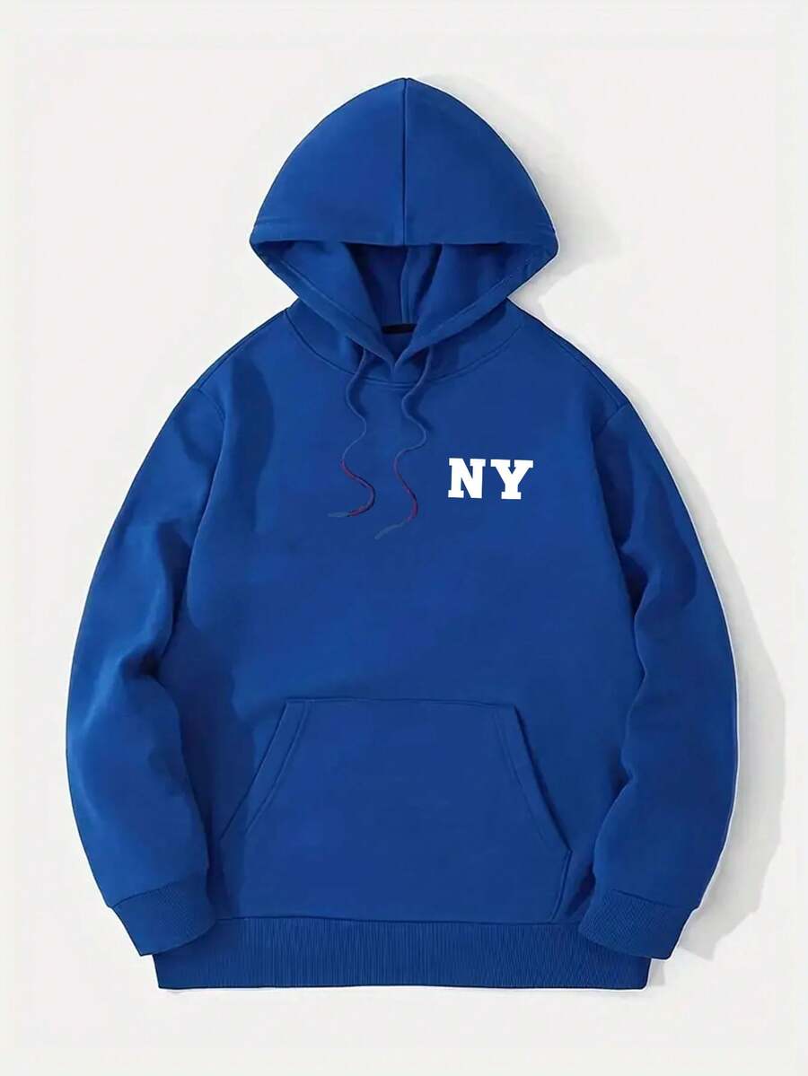 Sudadera con capucha casual y deportiva con un motivo de letras para hombre, pullover versátil con texto y forro térmico - Azul - Ver 1